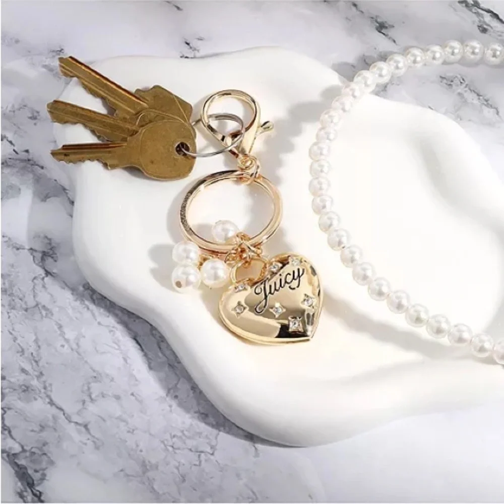Juicy Couture Gold Heart Purse Keychain with Pearl Charms New